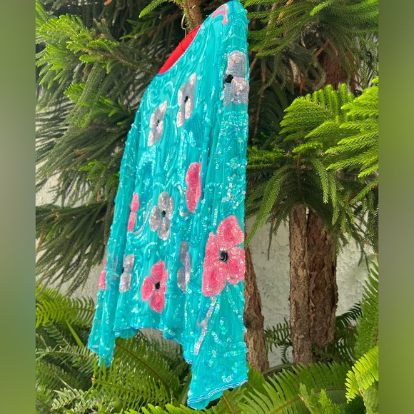 Turquoise Pink 100% Silk Floral Sequin Short Jacket | Hand Embroidered | Small - Picture 7 of 16